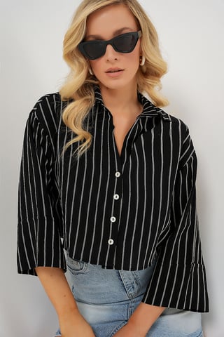 Oversized Striped Cropped Shirt with Button Closure