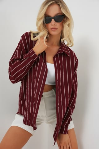 Textured Striped Oversized Shirt with Button Closure