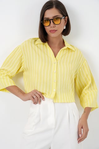 Oversized Striped Cropped Shirt with Button Closure