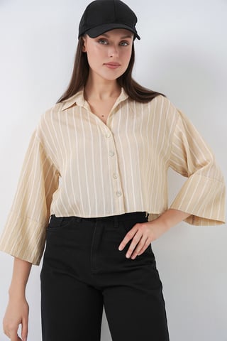 Oversized Striped Cropped Shirt with Button Closure