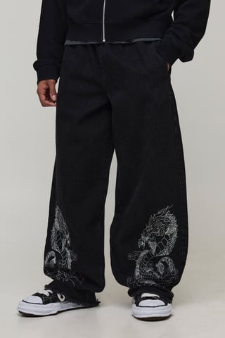 Dragon Embroidered Elasticated Waist Super Baggy Fit Jeans