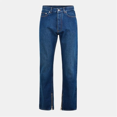 Men's Off White Five Pocket Straight Leg Jeans in Medium Blue