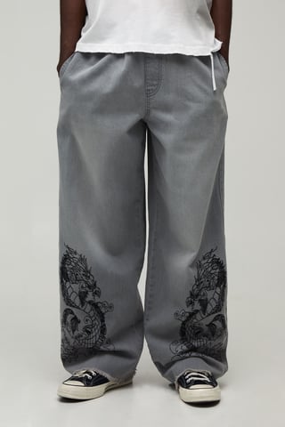Dragon Embroidered Elasticated Waist Super Baggy Fit Jeans