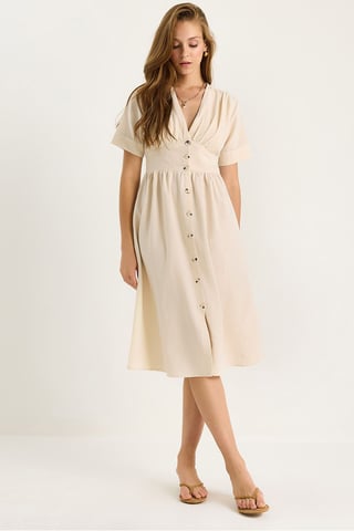 V-neck Buttoned Midi Shirt Dress