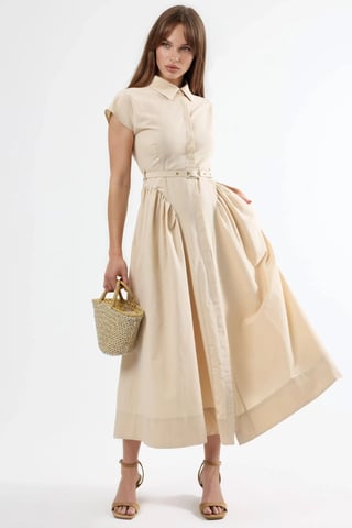 Belted Midi Dress with Shirt Collar