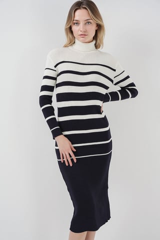 Ribbed Striped Turtleneck Midi Knit Dress