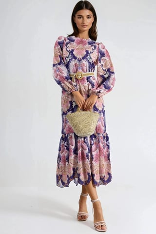 Belted Paisley Patterned Midi Dress