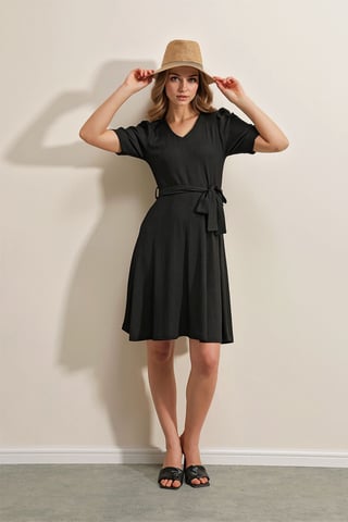 Textured V-Neck Midi Knit Dress with Bow