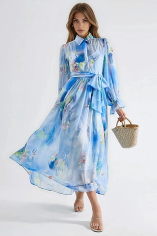 Abstract Pattern Maxi Shirt Dress with Belt