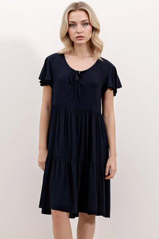 V-Neck Frilly Mini Dress with Bow