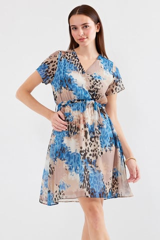 V-neck Flowering Mini Dress with Tie Closure