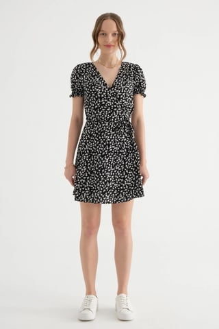 Bloemige Surplice Hals Mini Jurk met Pofmouwen en Touwtjesluiting