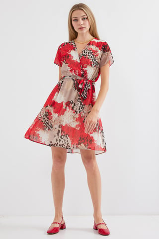 V-neck Flowering Mini Dress with Tie Closure