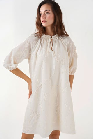 Embroidered Lace Mini Dress with Tie Closure