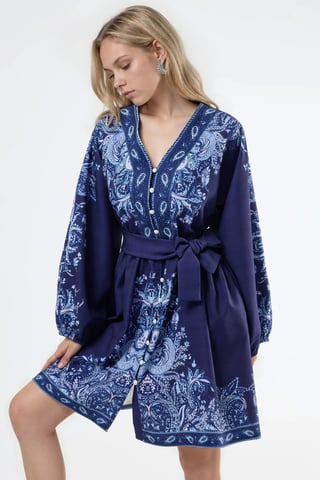 Belted Mini Dress with V-Neck in Paisley