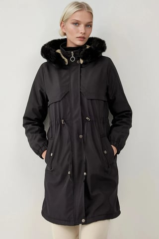 Hooded Faux Leather Faux Fur Coat