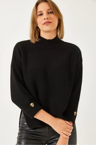 Textured Knitwear Half Turtleneck Sweater with Button Closure