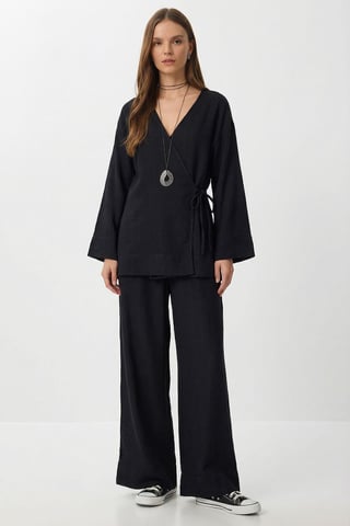 High Waist Wide Leg Pants & V-Neck Tie Detail Blouse Co-ord Set