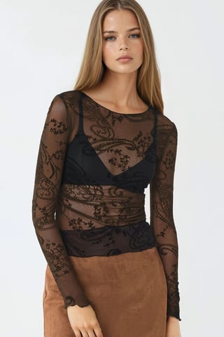 Fitted Long Sleeve Flock Print Tulle Blouse
