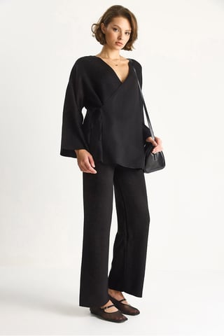 Double Breasted Tie Blouse and Wide Leg Pants Set