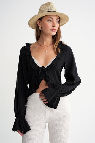 Frilly V-Neck Long Sleeve Crop Blouse
