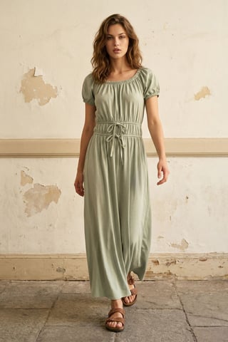 Square Collar Maxi Dress with Tie Detail