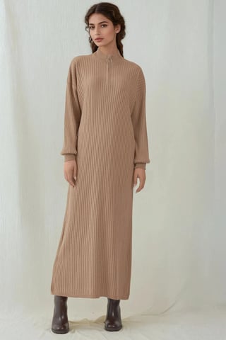 Textured Knit Dress with Half Turtleneck and Zipper