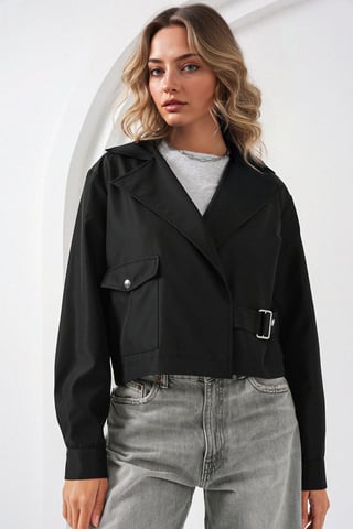 Crop Fitted Polyester Trench Coat with Shirt Collar