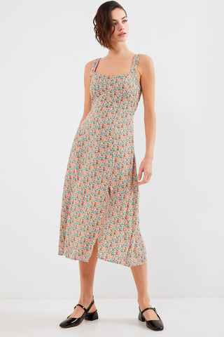 Fitted Midi Dress with Square Collar and Slit