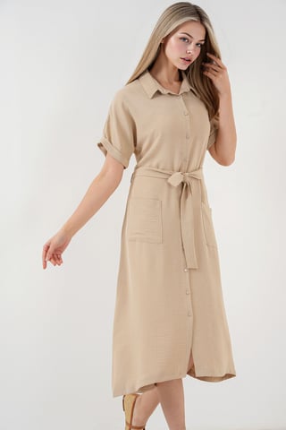 Textured Midi Dress with Shirt Collar and Pockets