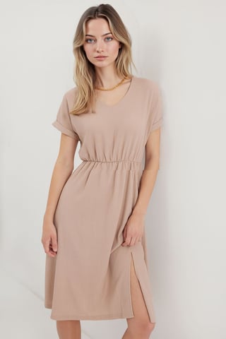 Textured V-Neck Midi Knit Dress with Slit