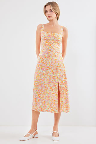 Fitted Midi Dress with Square Collar and Slit