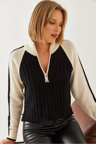 Textured Acrylic Sweater with Zipper Collar