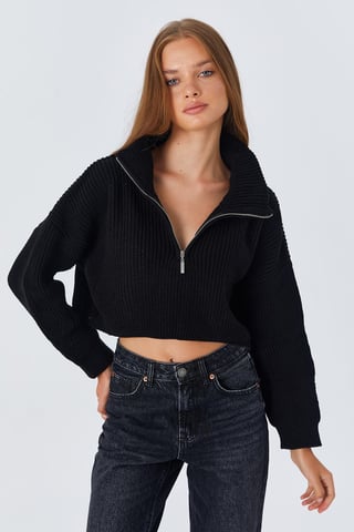 Textured Long Sleeve Zipped Collar Sweater