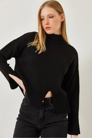 Relaxed Fit Turtleneck Sweater with Slit