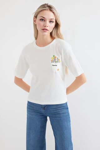 Broderad Rundhalsad T-shirt med Tryck