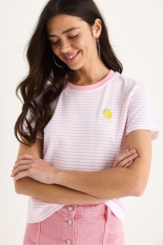 Randig Broderad Bomull T-shirt