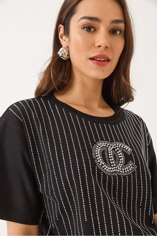 Embroidered Striped Crew Neck T-Shirt
