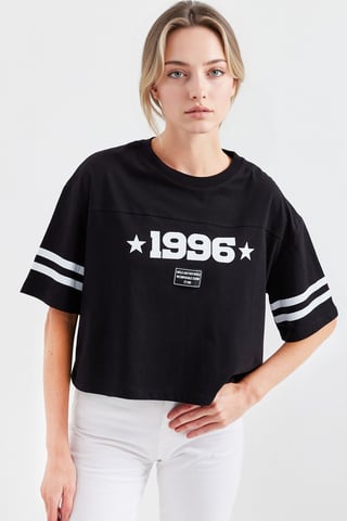 Oversized Crew Neck Crop T-Shirt with Motto Print