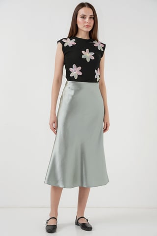 Satin A-Line Elastic Waist Midi Skirt