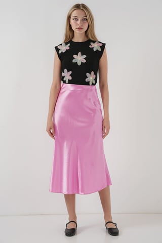 Satin A-Line Elastic Waist Midi Skirt