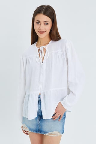 Long Sleeve Relaxed Fit Blouse with Tie-Neck