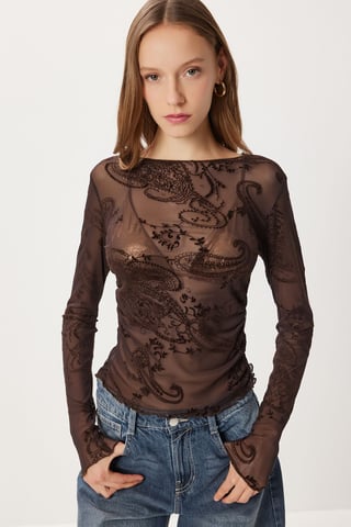 Patterned Long Sleeve Tulle Blouse