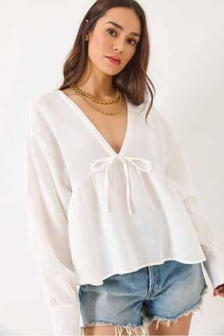 Textured V-neck Crop Blouse with Bow Tie