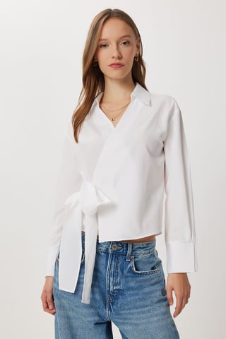 Double Breasted Poplin Blouse with Tie Detail