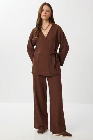 Hoge Taille Wijde Pantalon & V-Hals Blouse met Strikdetail Co-ord Set