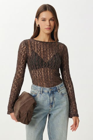 Lace Crew Neck Long Sleeve Blouse