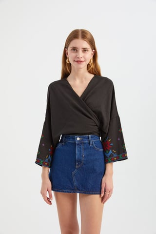 Broderad V-Hals Långärmad Boho Blus