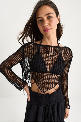 Volangig Halterneck Texturerad Cropped Blus
