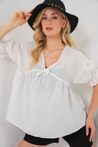 Texturerad V-ringad Blus med Slips